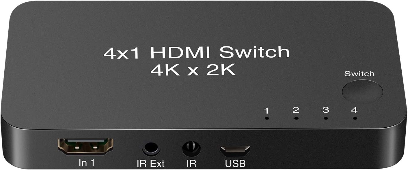 HDMI Switcher 4 Port 1 Out 4x1 HDMI Switch Box V2.0 with IR Wireless Remote Support 4Kx2K@60Hz 3D 1080P for HDTV PS3 PS4 Blu-ray DVD Home Theater Digital Projectors etc. Black