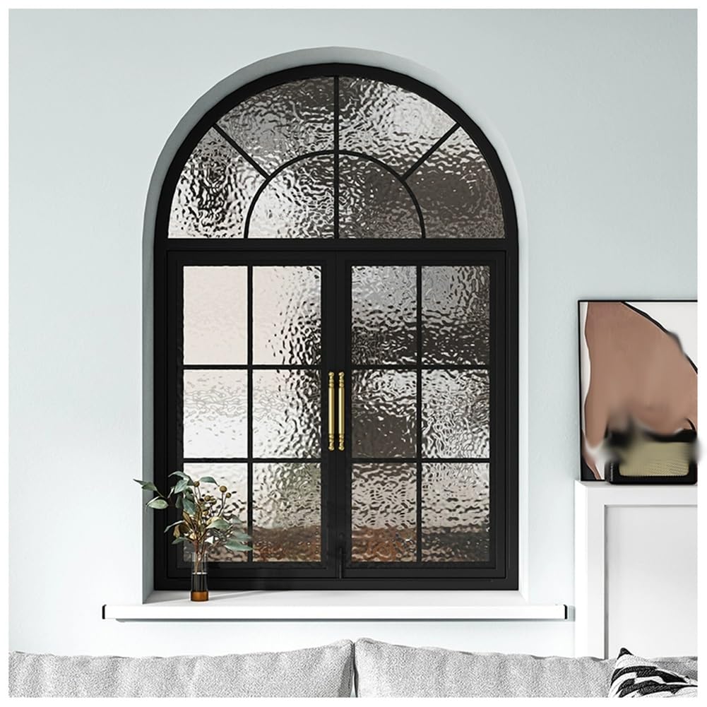 Ventanas Francesas De Hierro Forjado Con Arco Y Cristal, Ventanas Abatibles Curvas Empotradas Para Separar Ambientes, Ideales Para Comedor, Loft Y Dormitorio.(Black,80x100 cm)