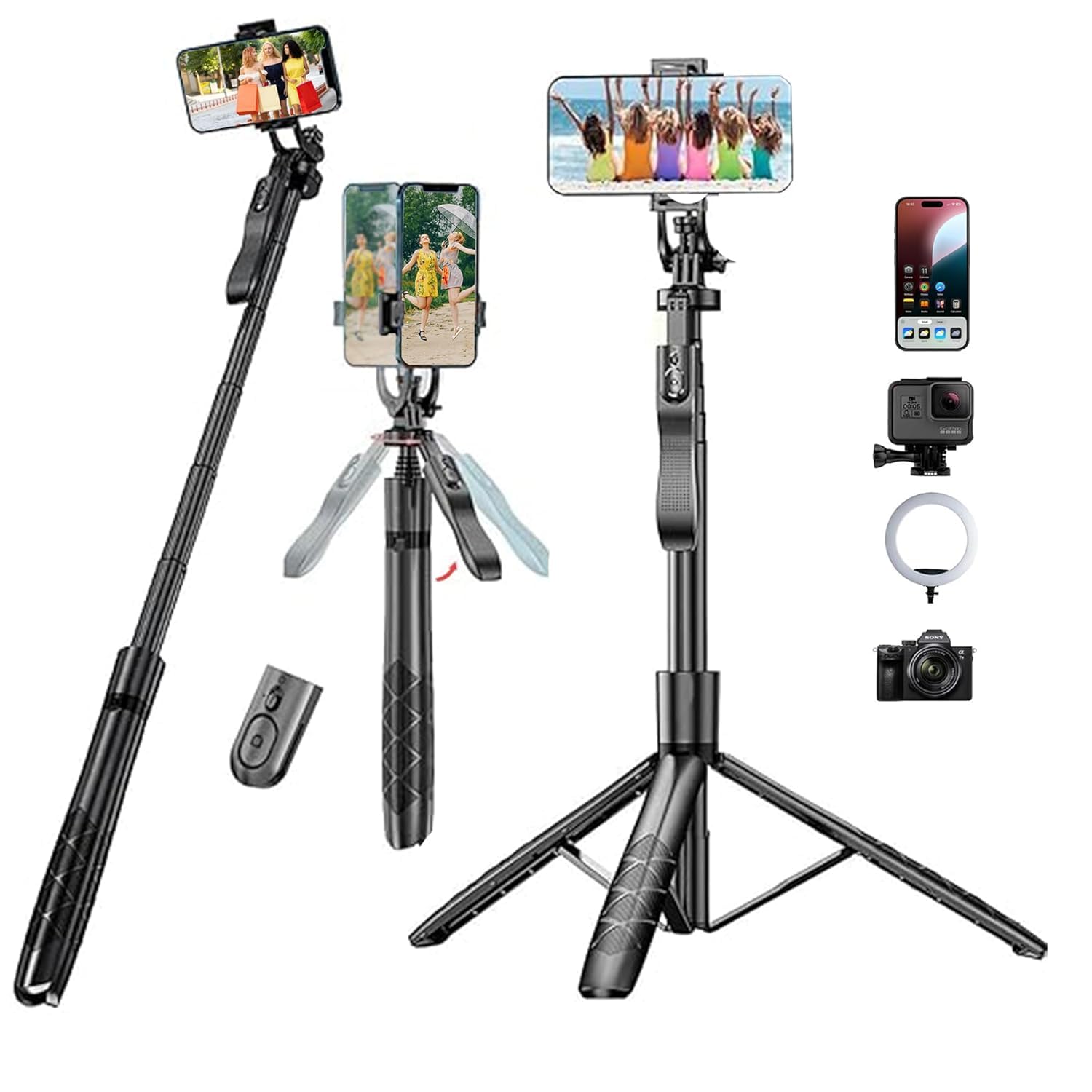 Hold UP Selfie Stick Tripod 61" All in One Extendable Mobile Selfie Stick Tripod Stand with Wireless Remote 360° Rotation for iPhone and Android Phone Selfies, Video Recording.