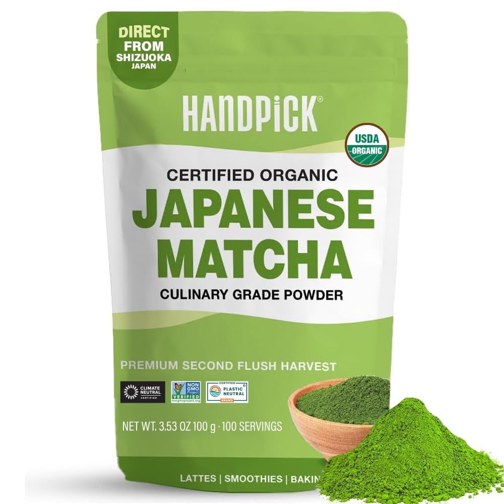 HANDPICK, Organic Matcha Green Tea Powder (3.5oz, 100g) Helps Promote Metabolism & Reduce Oxidative Stress | Culinary Grade - Authentic Premium Matcha Powder | Resealable Ziplock Pouch For Freshness