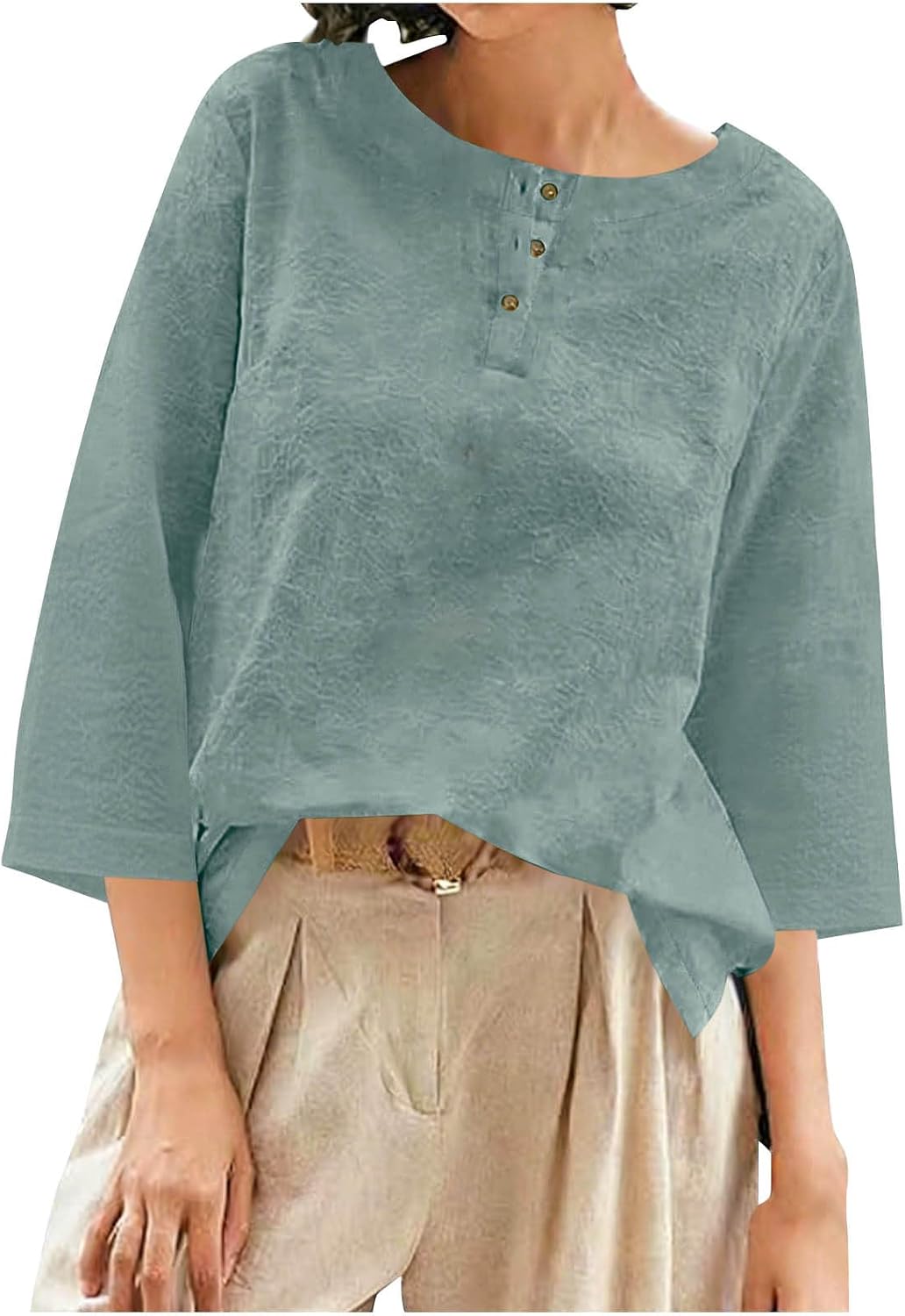Summer Causal Cotton Linen Tops for Women Jacquard Textured 3/4 Sleeve Henley Shirt Loose Comfy Business Work Blouse