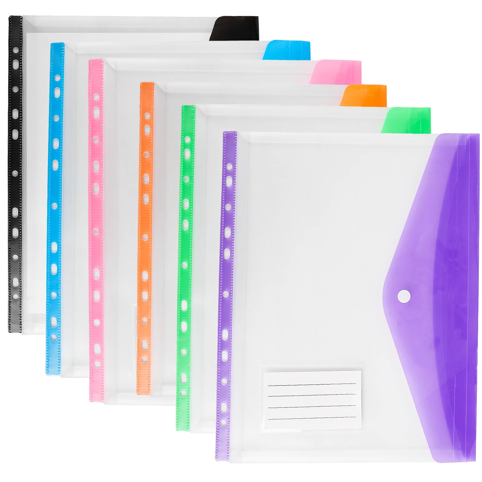6pcs Plastic Wallets A4 Punched Pockets, 11 Holes Expandable Binder Folders for 2/3/4 Ring Document Pouch with Snap Button & Label Loose-Leaf Transparent for Office School Home (Side Open) — image 1