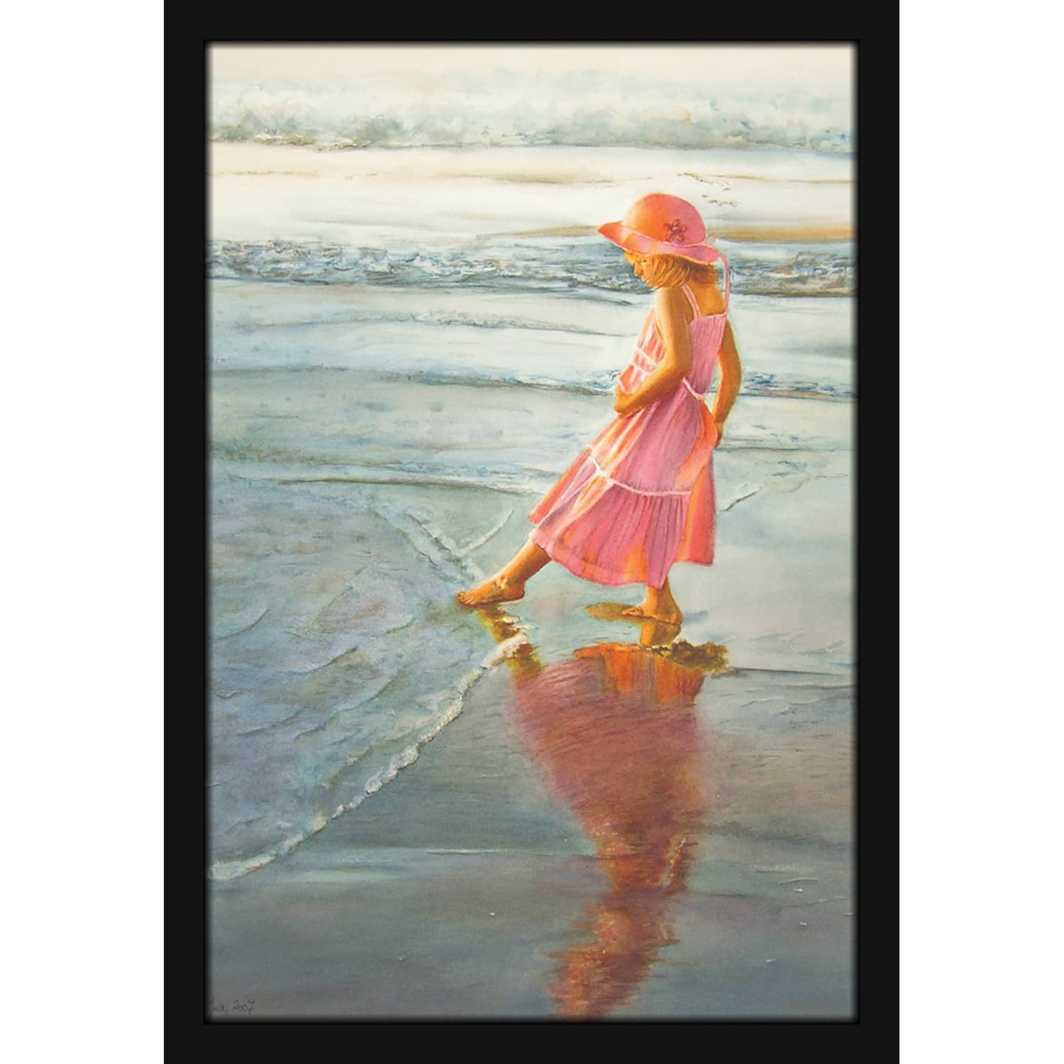 Mad Masters Cute Baby Girl in Pink Dress on Beach playing with Water Painting Photo Frame for Living Room, Bedroom, Home Decor and Wall Decoration (MM 2587, 12x18 Inch, Paper, With Plexi Glass)