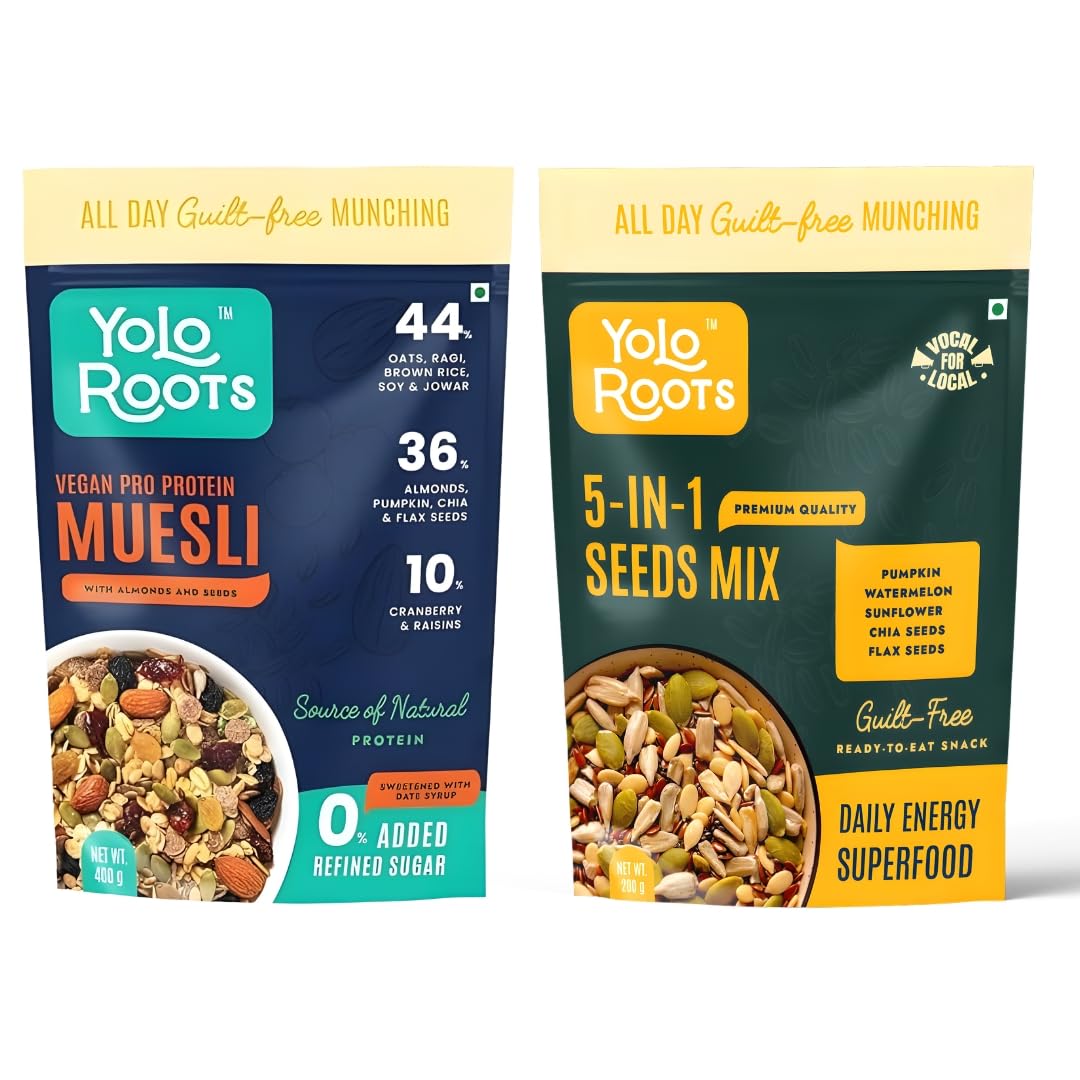 Yolo Roots Vegan Pro Protein Muesli 400g + 5 in 1 Seed Mix 200g Combo | 16g Protein Multigrain Fruit Nut Muesli, No Added Sugar, Gluten Free Breakfast & Healthy Seeds Snack (Pack of 2)