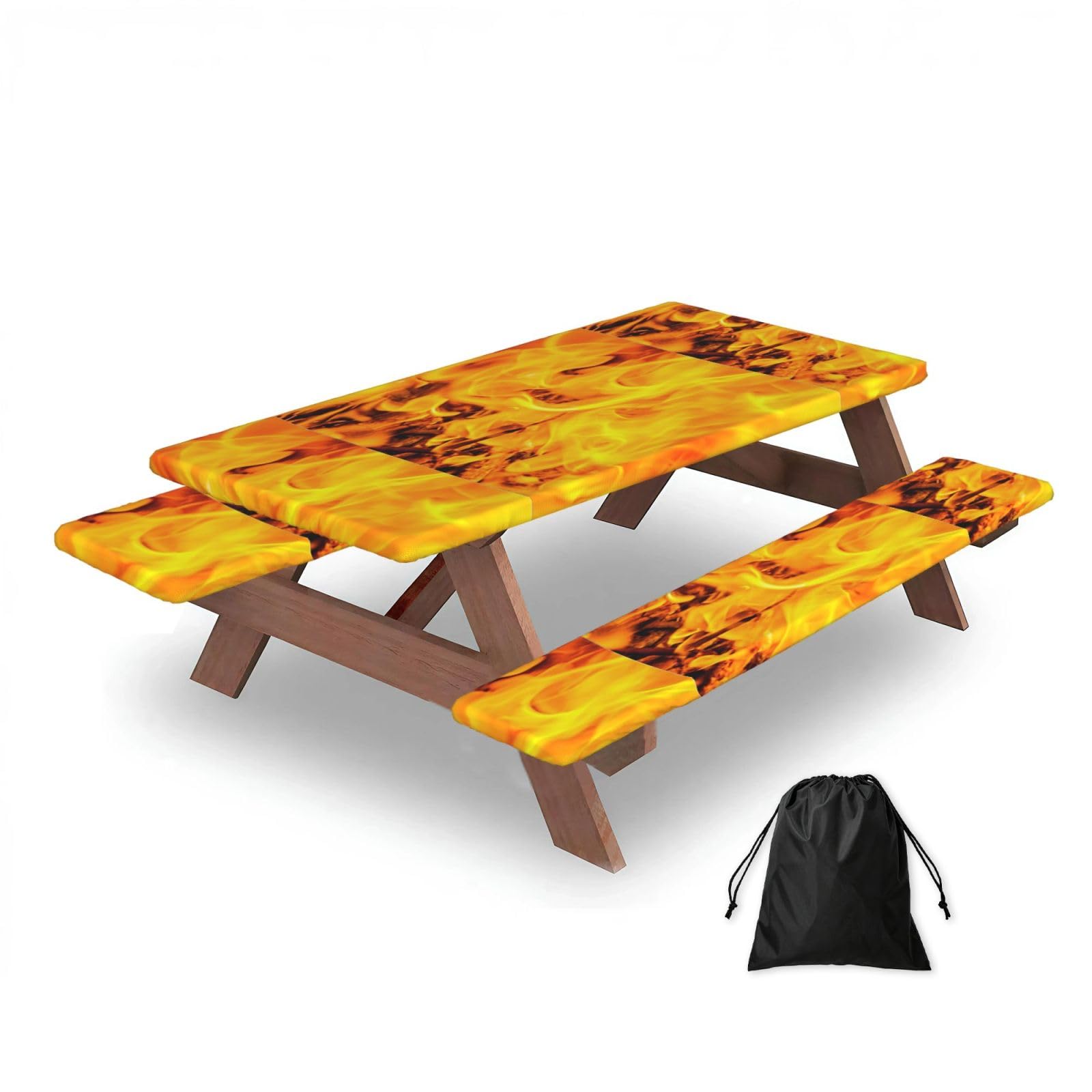 Dopklna As Picture Fire And Flames, Picnic Table Cover With Bench Covers -Waterproof Elastic Fitted Tablecloth For Garden Camping Patio 76X152cm