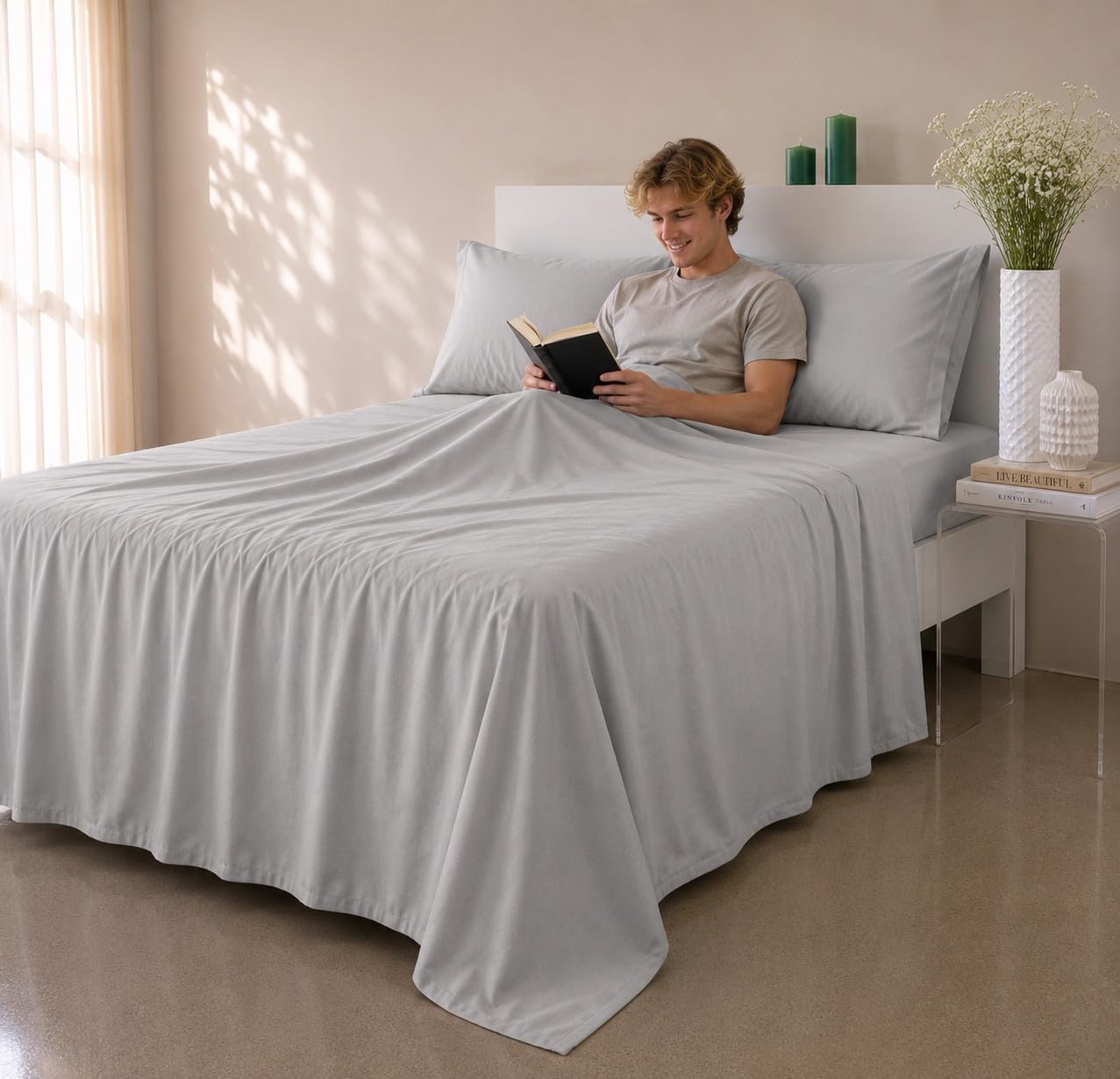 COTTON ARTean Zestaw pościeli z egipskiej satyny bawełnianej DE 300 wątków szary perłowy łóżko 160 x 190/200. 100% bawełna egipska szara