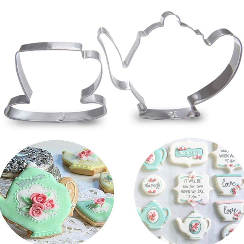 Casecover Silver Cookie Cutters 2Pcs Tea Party Cookie Cutter Set, Teapot, Teacup, Stainless Steel Fondant Cake Mold Tool