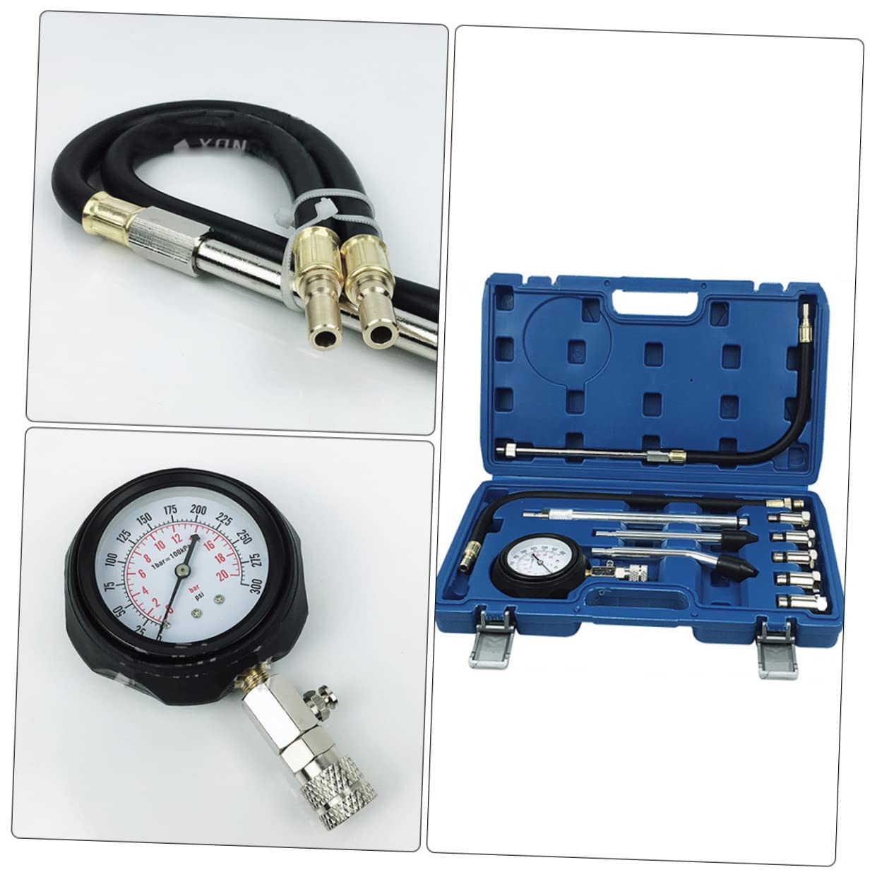 iplusmile Manómetro de Compresión para Motor de Gasolina y Cilindro, Doble Escala 0-300 Psi y 0-21 Bar, Adaptadores Roscados para Diagnóstico Automotriz