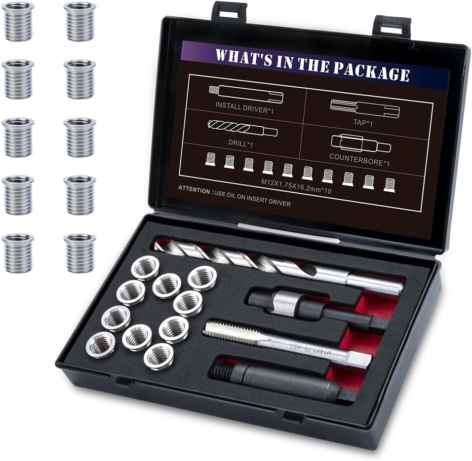 M12X1.75X16.2MM Thread Repair Kit with Insert HSS Drill, Tap, Counterbore, Installation Driver, Metric, 10PCS Stainless Steel Insert M12X1.75X16.2MM