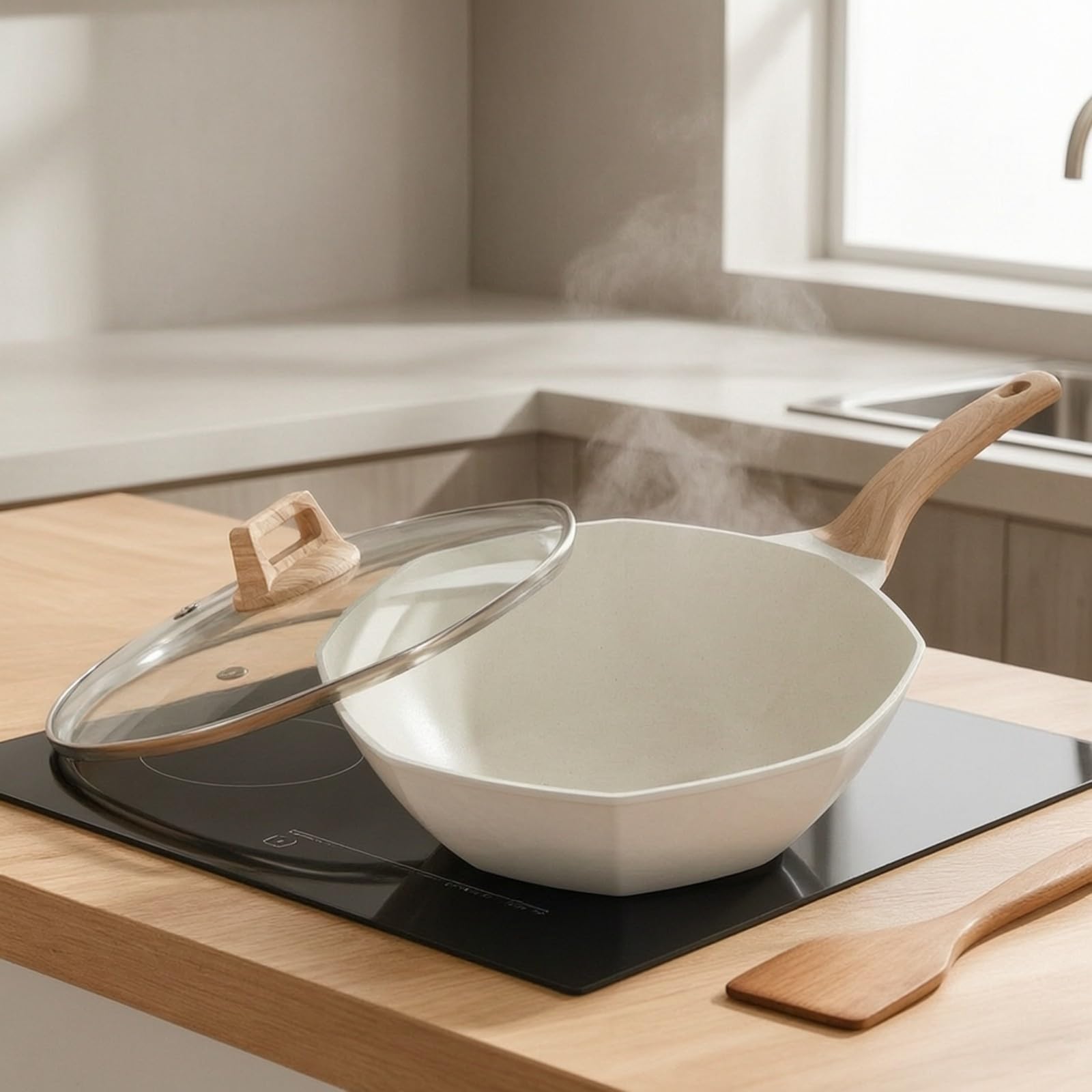 Wok Ottagonale con Rivestimento in Pietra Rivestimento in Pietra Robusto Wok con Manico Legno Salvaspazio Pentola per Famiglie, Fritture Saltate, 32CM A
