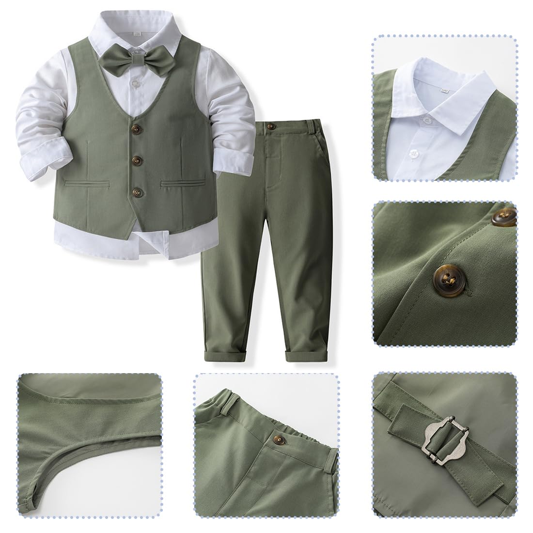 IMEKIS Ensemble 4 pièces pour bébé garçon - Costume gentleman formel - Pour anniversaire, mariage, baptême, smoking - Chemise boutonnée - Pantalon + gilet et nœud papillon