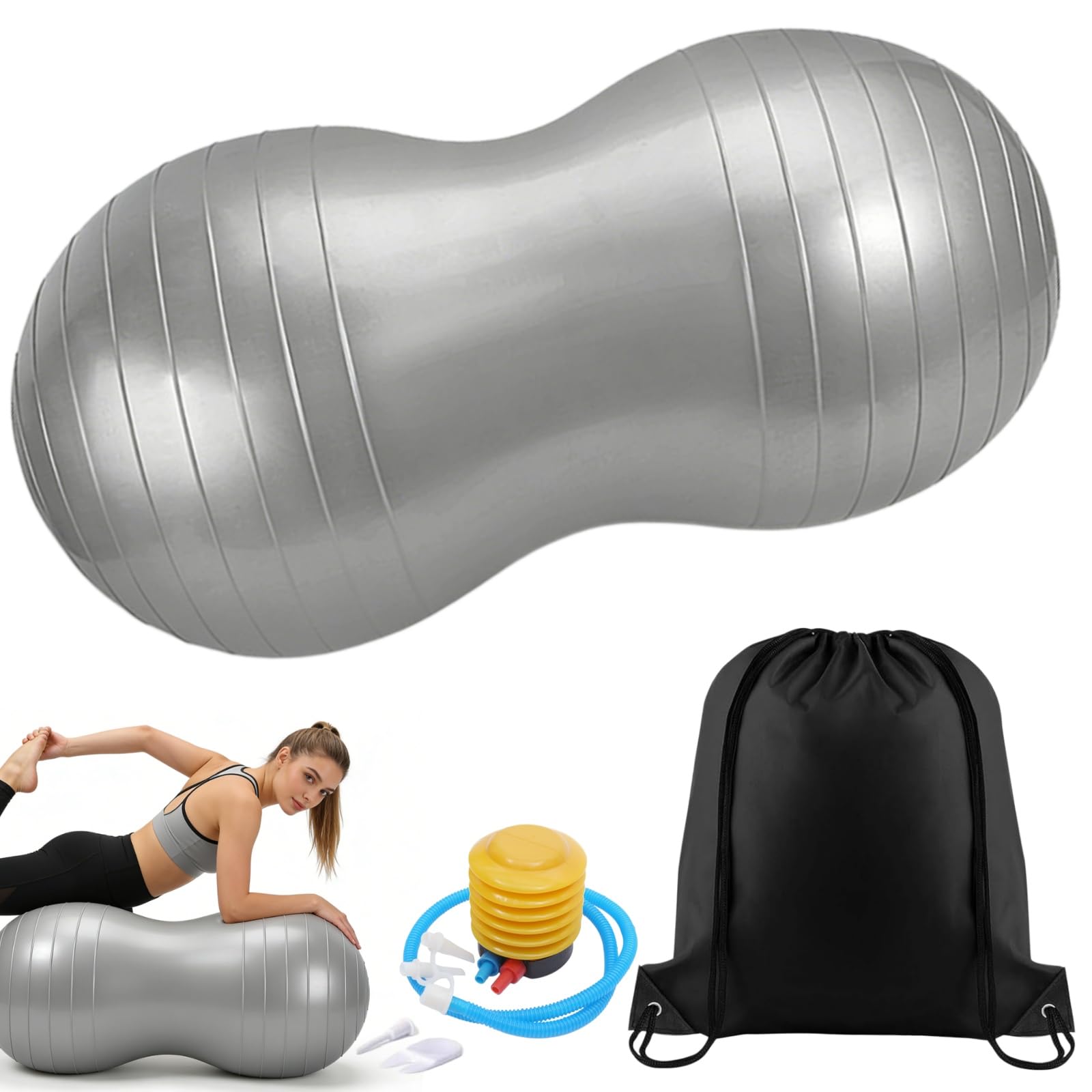 Siocok Peanut Ball Therapy with Pump, Yoga ball, Exercise Ball, Core Training & Balance, Gym ball, Sensory balls, Physio ball, Pregnancy ball, Pilates ball, With Storage Bag (Silver)