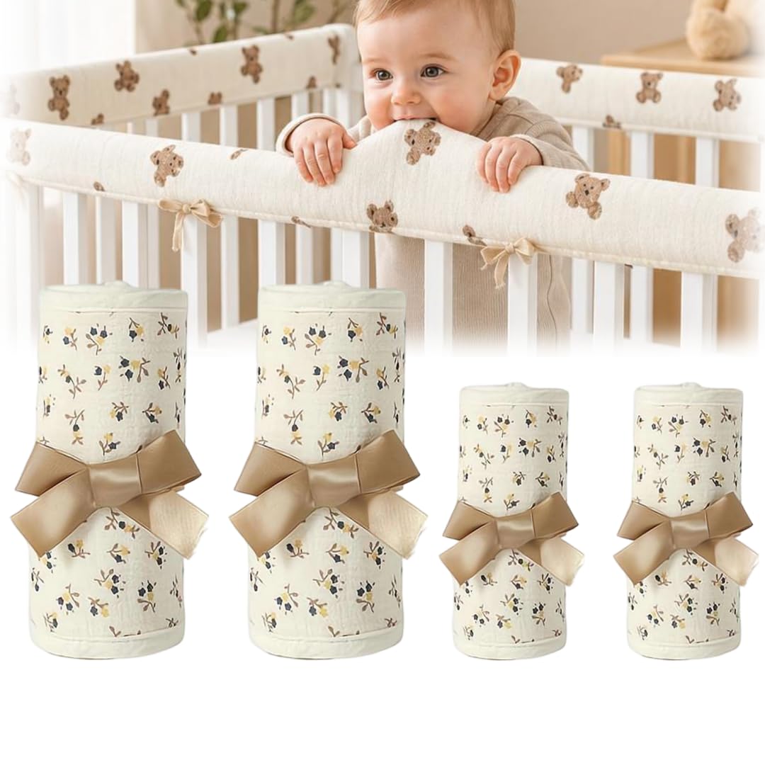 4PCS Crib Rail Cover for Teething,Furniture Edge Protector for Nursery Bed,Tollder Proofing Edge Protector,Corner Bed Rail Bumpers for Furniture,Teething Pad Set for Front and Back Rails