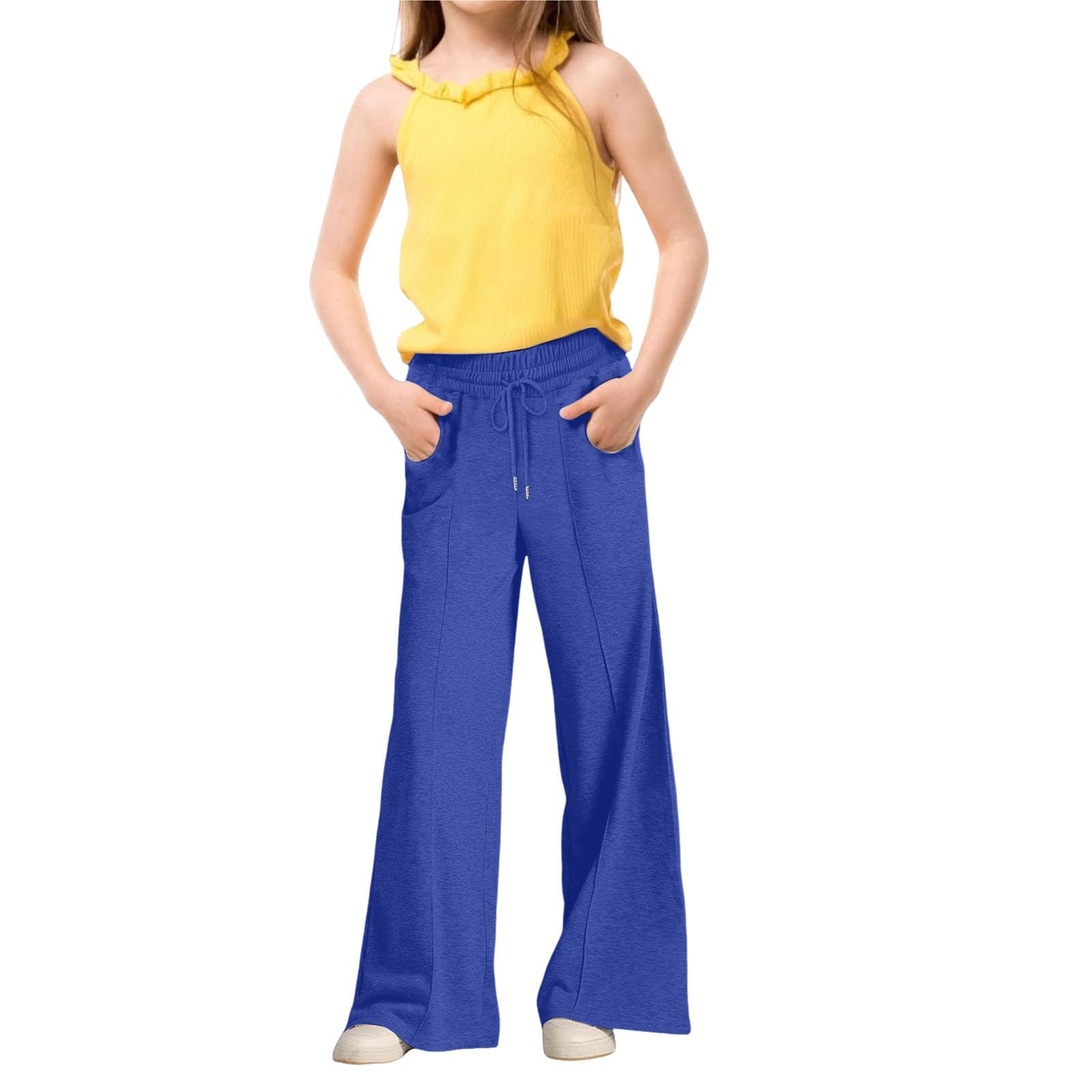 Girls Wide Leg Sweatpants Oversized Drawstring Trousers Baggy Straight Leg Joggers Kids Casual Plain (Blue, 13-14 Years)