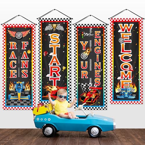 Image of Panelee 4 Pcs Race Car Party Banners Racing Car Birthday Decorations Checkered Racing Flag Porch Sign Hanging Door Banner for Indoor Outdoor Race Party Decoration Backdrop Supplies (Race)