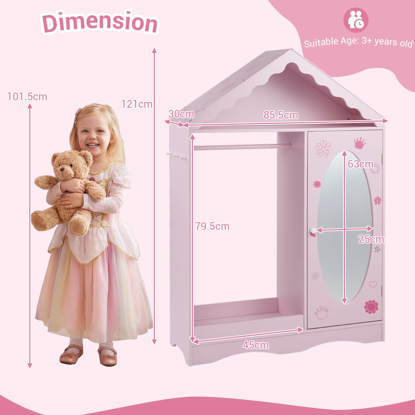 FANTASK Kinder Kleiderschrank Hausform, Kindergarderobe mit Spiegel, Kleiderstange, Regalen & Haken, Kinderzimmer Kleiderschrank für Mädchen & Jungen ab 3 Jahren, Kleiderständer Kinderzimmer (Rosa)