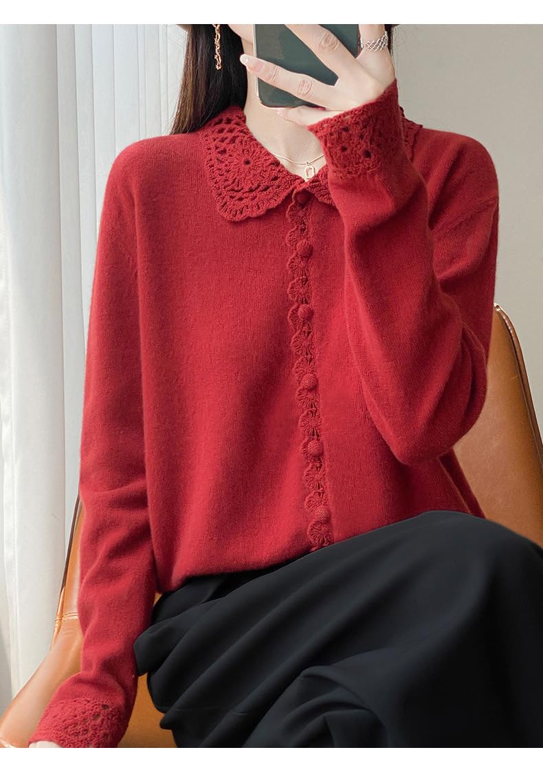 Cárdigan Lana Merino para Mujer con Cuello Peter Pan, Tapeta Encaje Festoneada, Manga Larga, Tejido Ajustado, Chaqueta Punto Suave Y Cálida para Oficina, Uso Diario E Informal.
