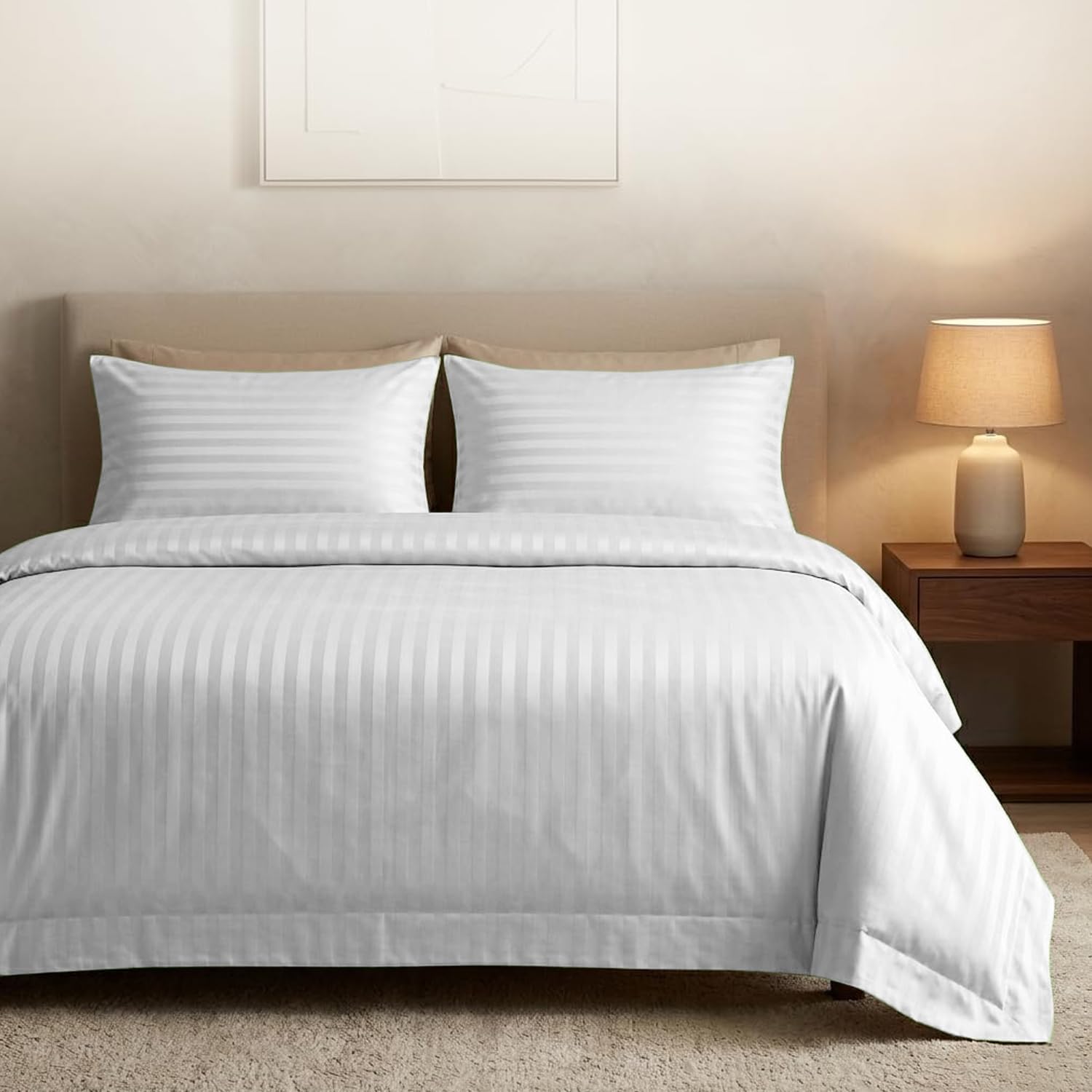 Casabella Satin Stripe Duvet Cover Sets, Luxurious Double White Bedding with Satin Stripes,Double Duvet Cover Set,Hotel Quality Double Duvet Set & Pillowcases, White Duvet Cover
