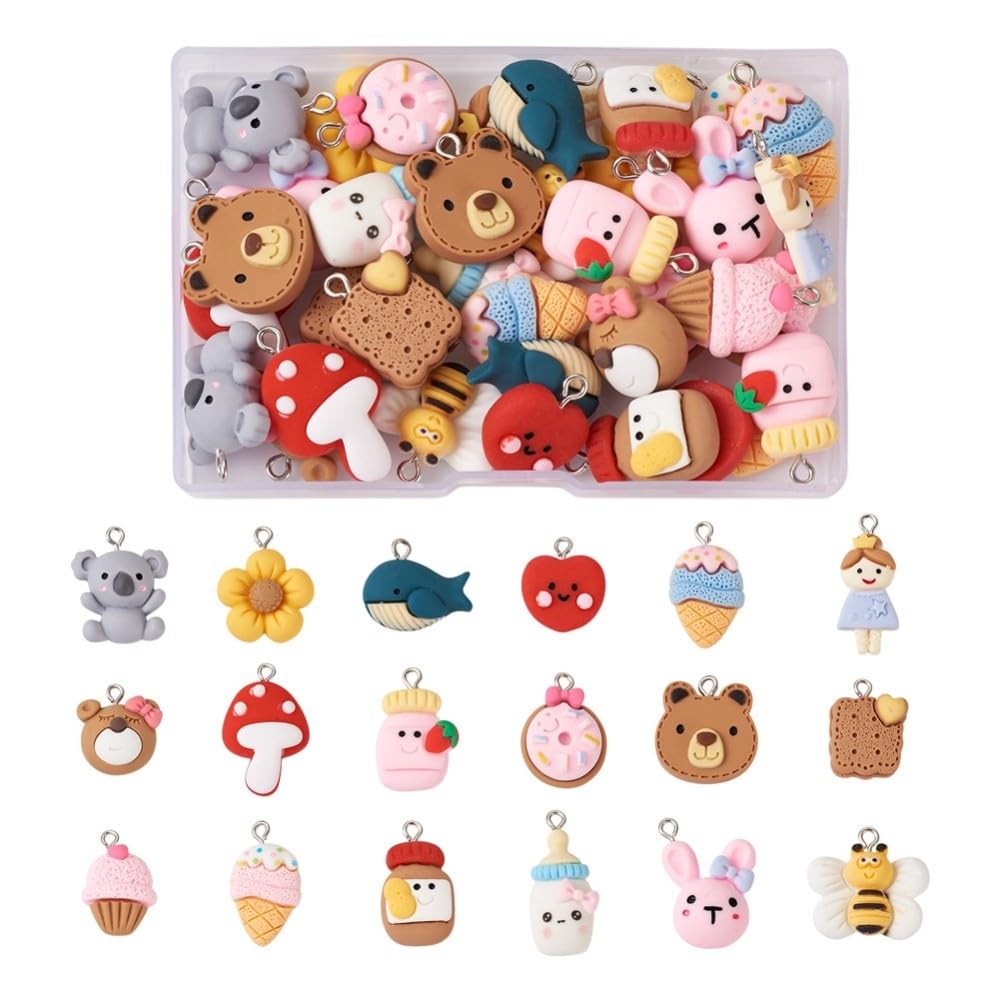 Boutigem 36Pcs Resin Pendants Cookies Mushroom Rabbit Strawberry Whale Flower Bees Charms Pendant for jewelry making bracelet necklace decor โ image 1