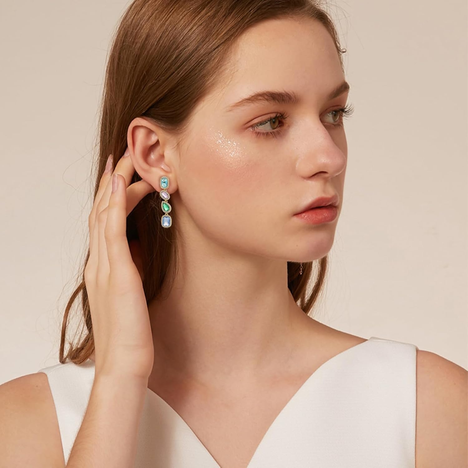 Colorful Crystal Drop Dangle Earrings for Women Rectangle Teardrop Cubic Zirconia Hypoallergenic Dangling Earrings for Prom Party Wedding - Image 4