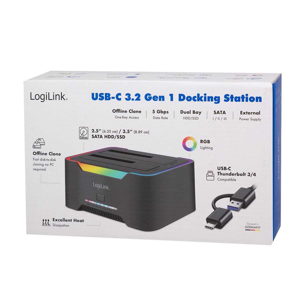 LogiLink Doppia docking station USB-C 3.2 Gen1 a 2 porte, per dischi rigidi da 2,5" e 3,5", SSD/HDD, con clone offline (senza clonare i dischi rigidi PC), 5 Gbps di trasferimento dati