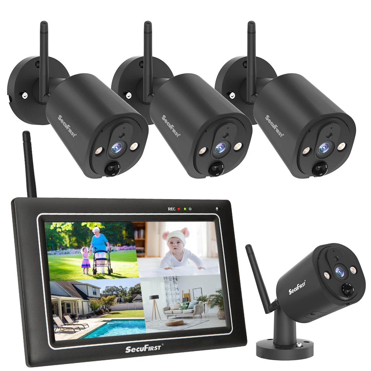 SecuFirst Kit Telecamere Videosorveglianza Esterno,con 7" Monitor Touchscreen NVR, 4X Videocamera Sorveglianza Esterno 2K,Funziona senza Wi-Fi, 64 GB di memoria, Espandibile a 2TB.