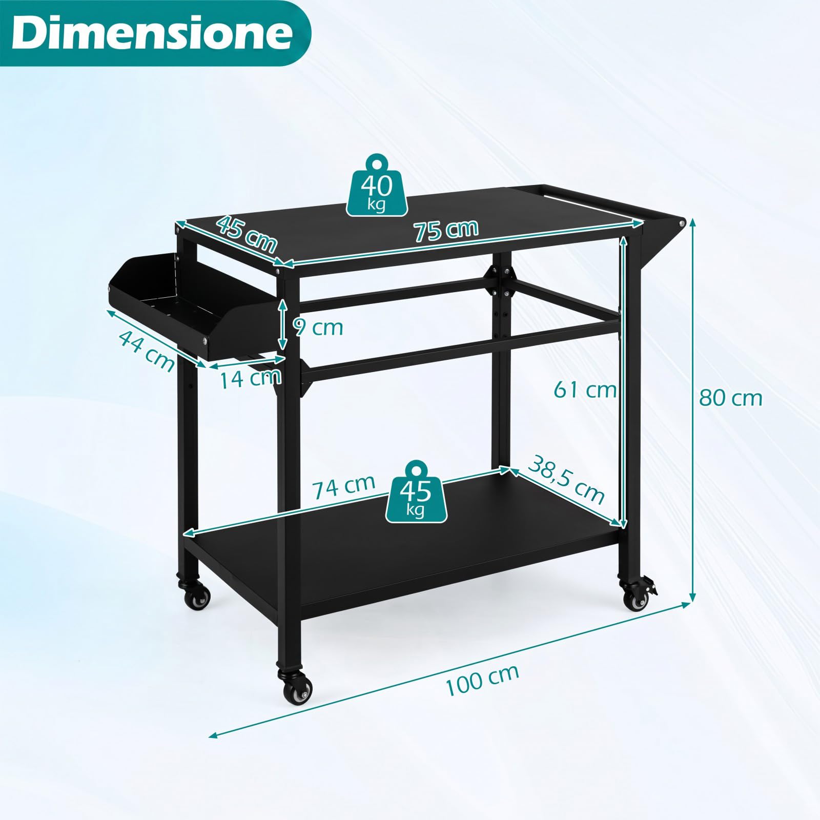 COSTWAY Carrello per Barbecue 4 Ruote, Carrello Cucina da Esterno BBQ Metallo 100x80x45 cm