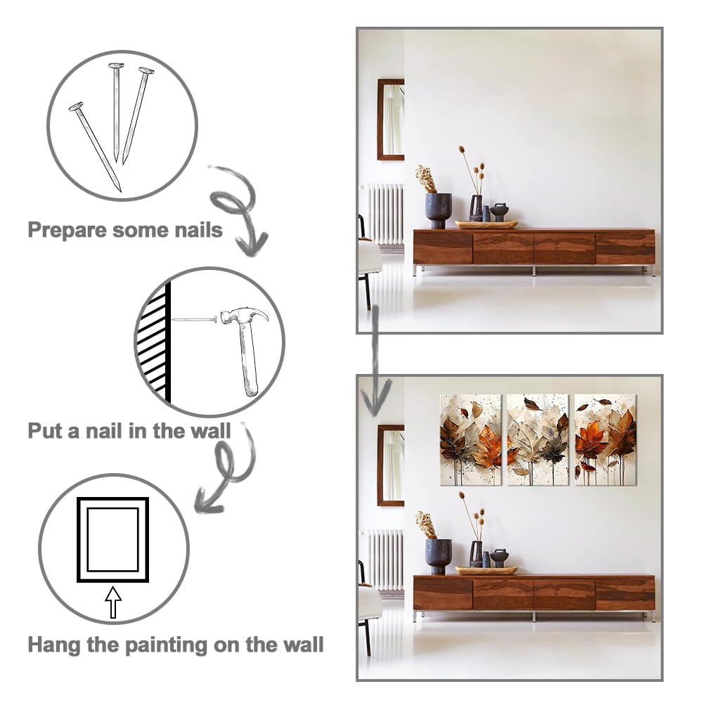 Piy Painting 3er Wandbilder Set, Leinwandbilder Mit Blättern, Vintage Kunstdrucke, Leinwand Bilder Natur, Bild Mit Rahmen, Dekorative Gemälde Für Wanddeko Schlafzimmer Wohnzimmer Flur Büro 58 x 40 cm