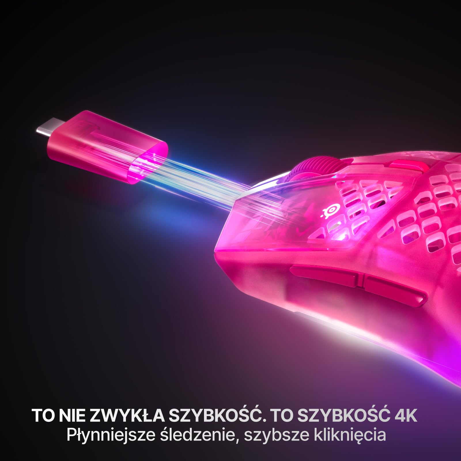 SteelSeries Aerox 3 Wireless Gen 2 – superlekka mysz dla graczy, polling 4K, sensor optyczny 26K DPI, 200 godzin pracy, wodoodporność IP54, 80 mln kliknięć, RGB, ślizgacze 100% PTFE, Magenta Haze