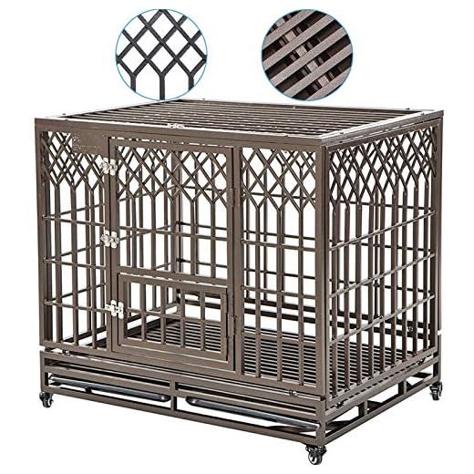 SMONTER Heavy Duty Dog Cage for Large Dog Strong Metal Kennel and Crate Pet Playpen with Three Doors, Four Wheels,42 Inch,Y Shape,Brown … … …