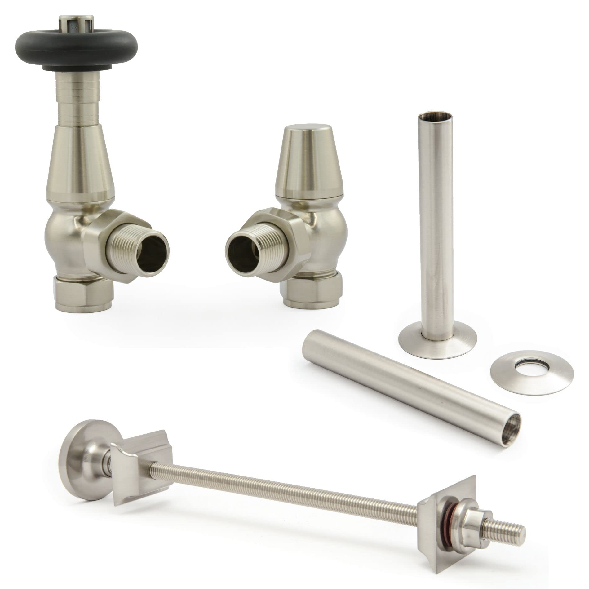 Hot Flow | Jordan Traditional Thermostatic Radiator Valve (Angled TRV) (Satin Nickel with Wall Stay and Sleeve)