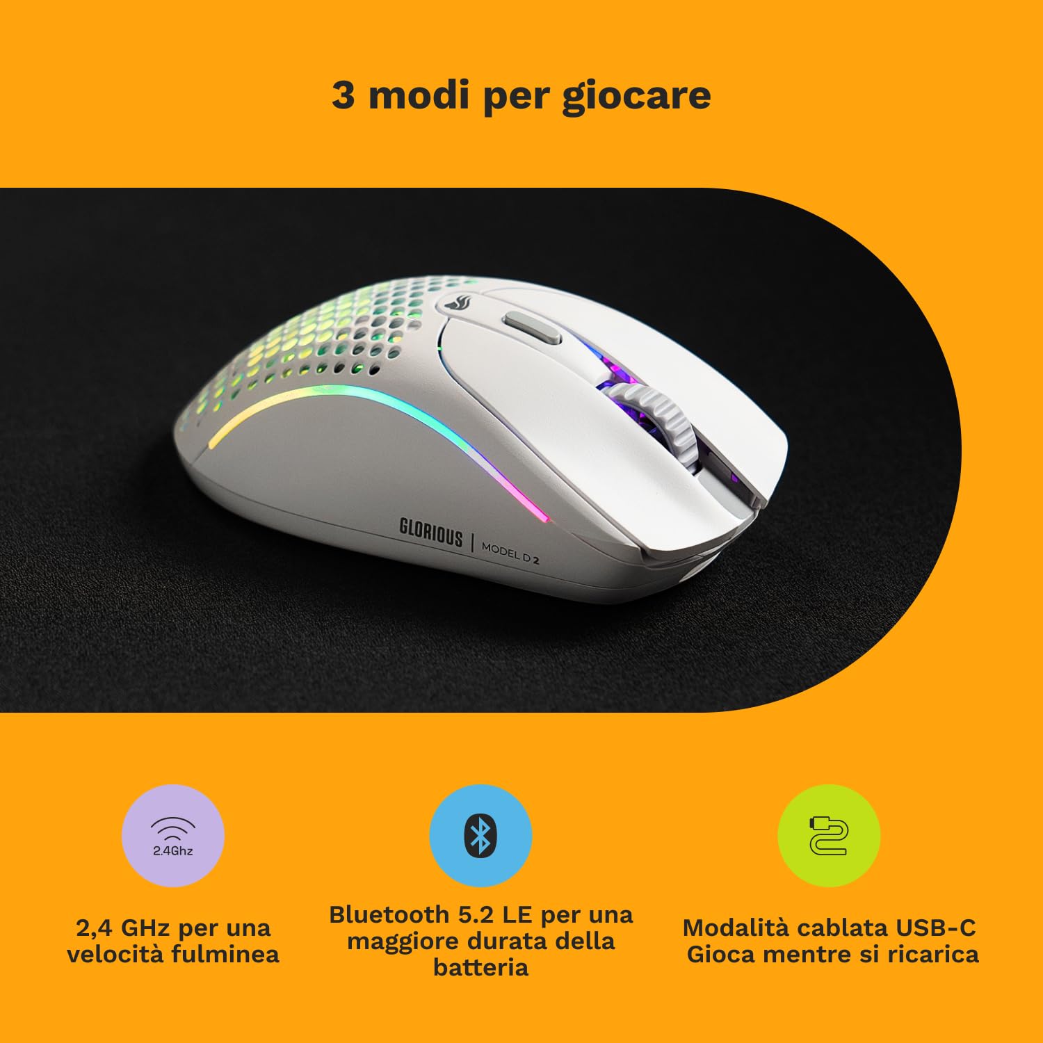 GLORIOUS Gaming Model D 2 Mouse da gaming senza fili - erg., superlegg. 66 g, durata batt. 210 h, sens. ottico 26.000, 6 tasti programm., ciclo vita 80 milioni clic, sparatutto, MMO, MOBA - Bianco