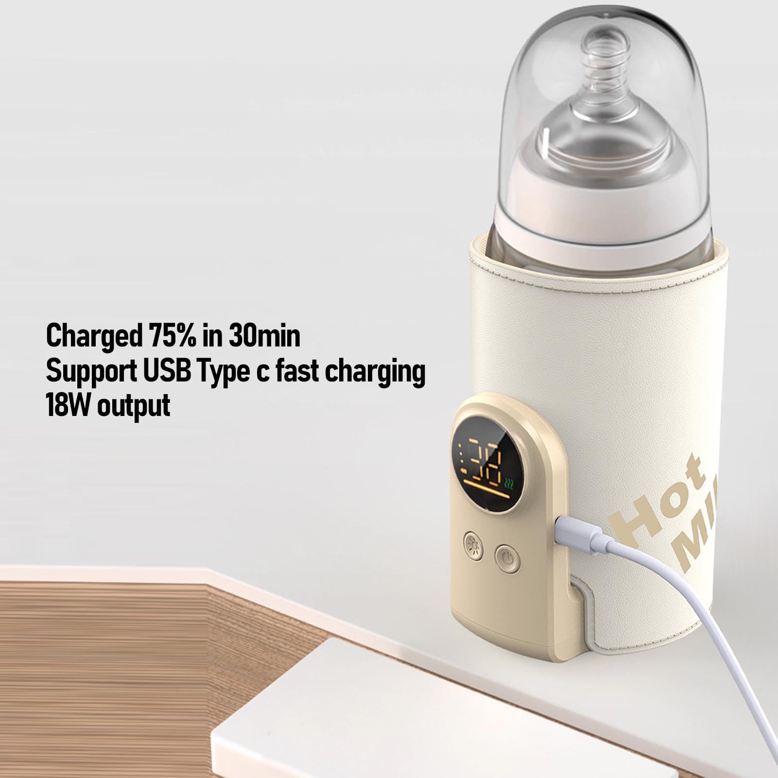 Scaldabiberon Portatile, Tecnologia di Riscaldamento Rapido, Controllo Accurato della Temperatura, Luce Notturna a 6 Livelli, per Alimenti per Bambini con Latte Materno con USB Tipo C, da