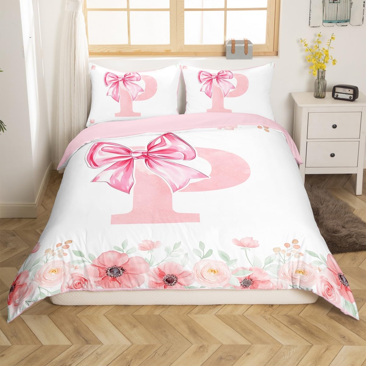 Initial Letter P Bow Bedding Sets For Kids Girls Teen Women,Pink Girly Bowknot Duvet Cover Single Cute Fantasy Princess Bed Set Romance Flower Floral Comforter Cover Zipper Closure - Image 2