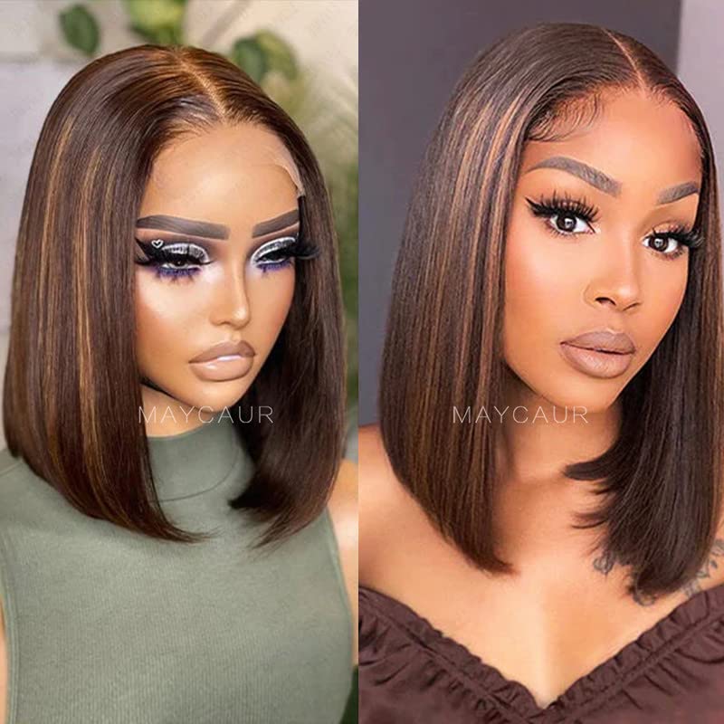 Maycaur Full Lace Human Hair Wigs Straight Brown Blonde Mixed Color Bob Brazilian Virgin Hair Lace Front Wigs for Fashion Women Glueless Wig 150 Density(12 inch lace front)