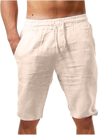 Beach Shorts for Men Summer Casual Cotton Linen Shorts Loose Fit Elastic Waist Drawstring Work Utility Shorts