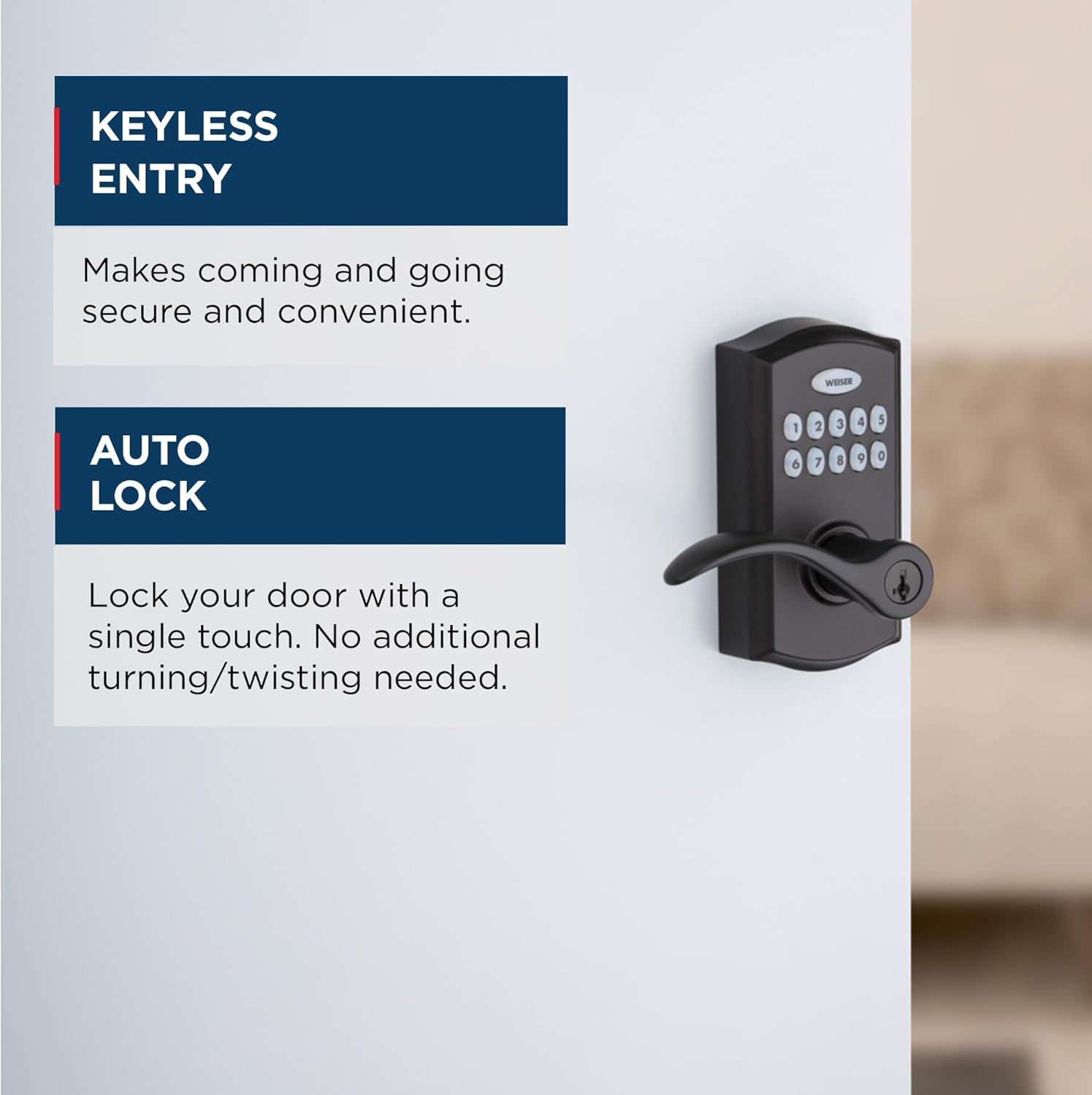 Diagram showing Keyless Entry and Auto Lock features of the Weiser Smartcode 10. Keyless entry provides secure and convenient access, while Auto Lock re-locks the door with a single touch.