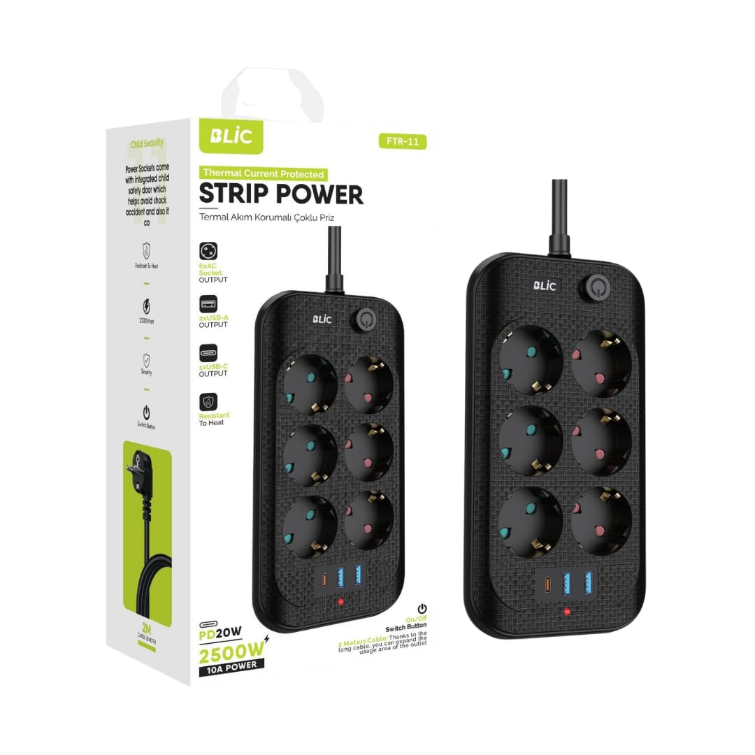 Akım Korumalı Priz, 6x Priz Soketi, 2x Usb Girişi, 1x Type-C…