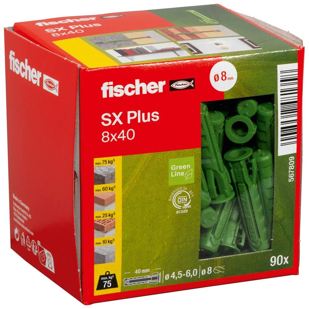 fischer Expansion dowels SX Plus Green 8 x 40, Box of 90 Sustainable dowels, All-Purpose dowels Made from Renewable raw Materials, Optimal Hold in Concrete, Solid Brick, aerated Concrete, Perforated