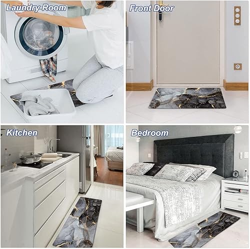 Miniatura 4 de Bisead Juego de 2 alfombras y tapetes de cocina de mármol negro y gris antifatiga de cuero de PVC antideslizantes impermeables cómodas para