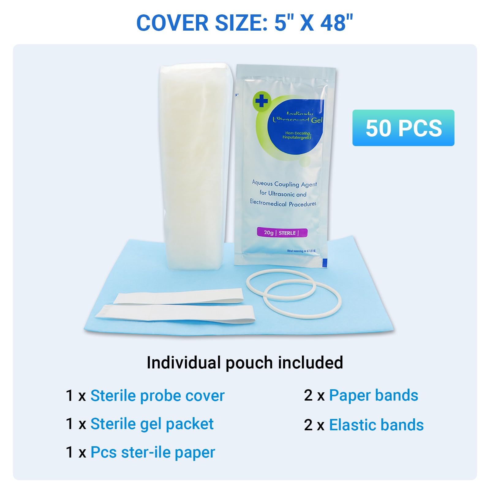 Ultraschall-Sonde-Abdeckung, Einweg-Sterile Transducer-Schutz, Transparente Latex-freie Sonde-Abdeckungen, 5" x 48", individuell verpackt, 50 Packungen