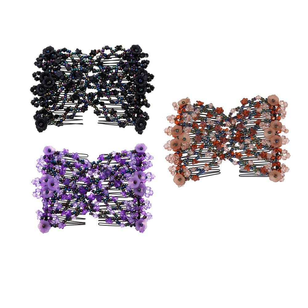 Lovef 3pcs Magic Beads Elastic Double Hair Comb Clip Stretchy Hair Combs Clips Fashion Hair Style Hairpin Magic Hair Combs Headbands (coffee grey black)