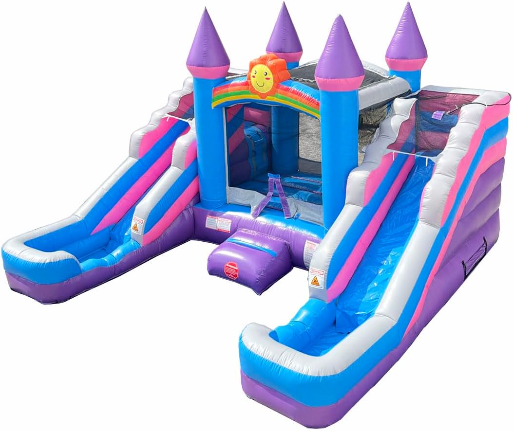 Crossover Pink Castle Double Water Slide Bounce House Combo, 16.5 x 15 x 11 Foot, PVC Vinyl Inflatable Bouncy House for Kids, Wet or Dry Slides, with Stakes, Storage Bag and 1 HP Blower