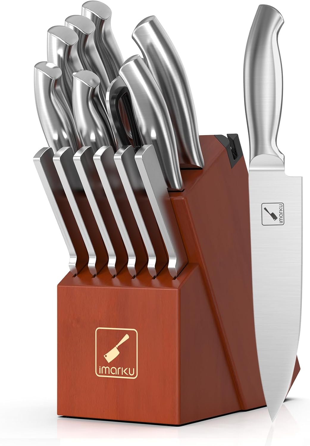 Imarku Knife Set, 15 Pieces Kitchen Knife Set with Block, High Carbon-Stainless Steel Kitchen Knives with Built-in Sharpener, Professional Knife Block Set, Brown Imarku Knife Set, 15 Pieces Kitchen Knife Set with Block, High Carbon-Stainless Steel Kitchen Knives with Built-in Sharpener, Professional Knife Block Set, Brown