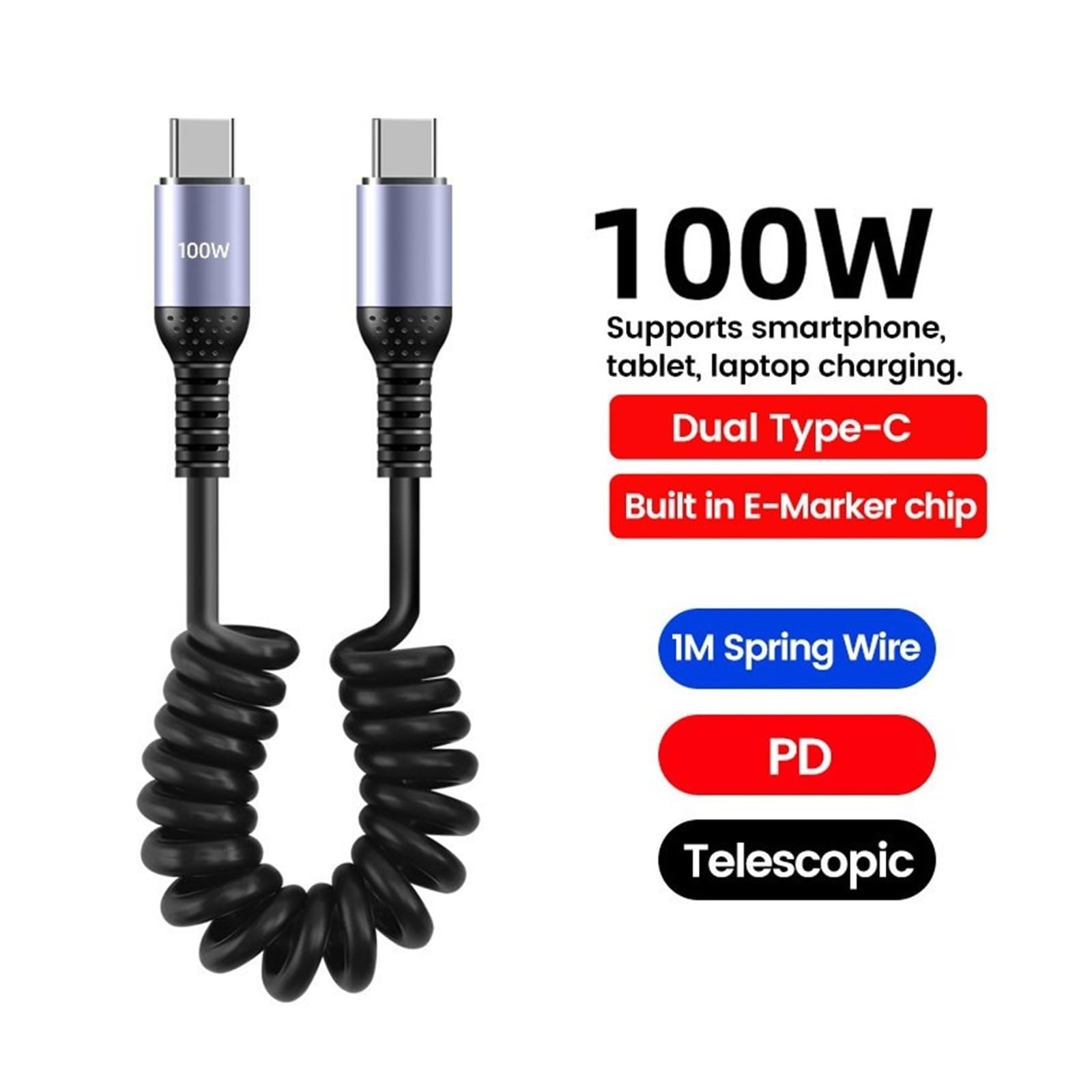 Cavo USB C a gomito a molla, 6 A, 66 W, ricarica rapida, tipo C, per iPhone e Samsung (100 W da C a C)