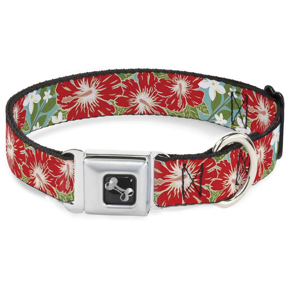 Collier de chien Buckle Down Hibiscus Turquoise Vert Rouge Blanc en forme d'os Medium