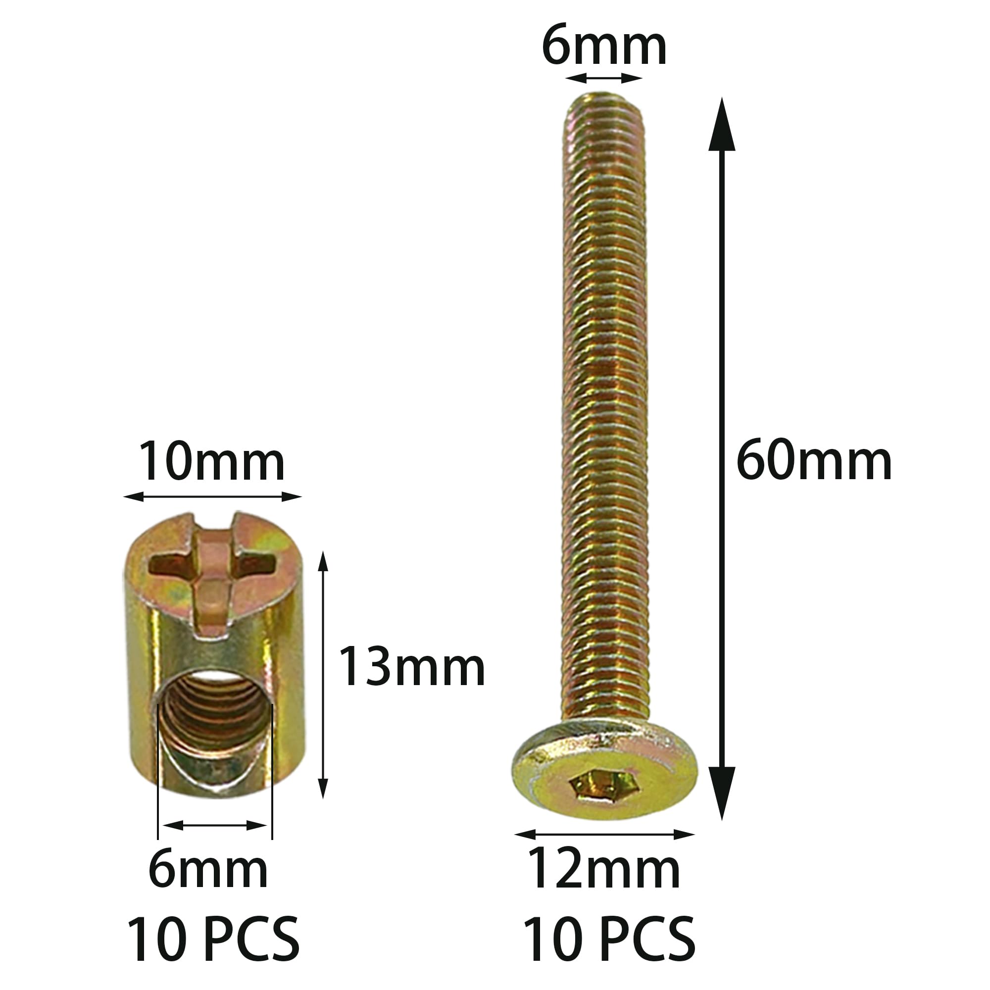 10-Set M6 Furniture Bolt and Nut Kit, Hex Socket Bed Bolts, Screws, and Nuts (60mm), brass - Image 2