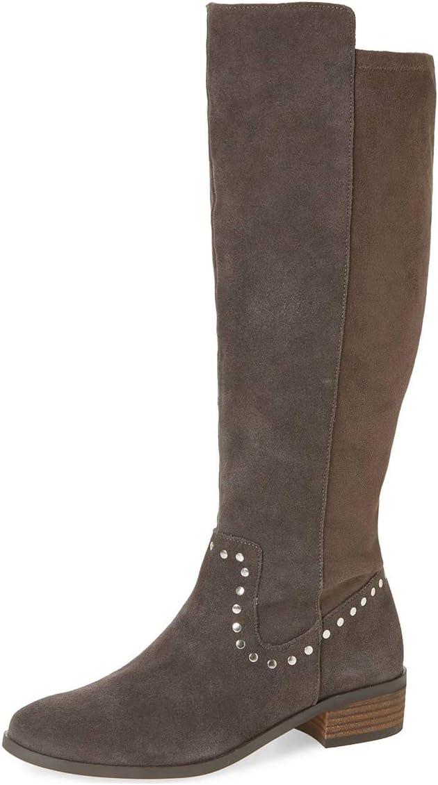 XYD Knee High Boots Rivets Studded Mid Chunky Block Heels Side Zip Round Toe Comfy Warm Trendy Shoes for Women