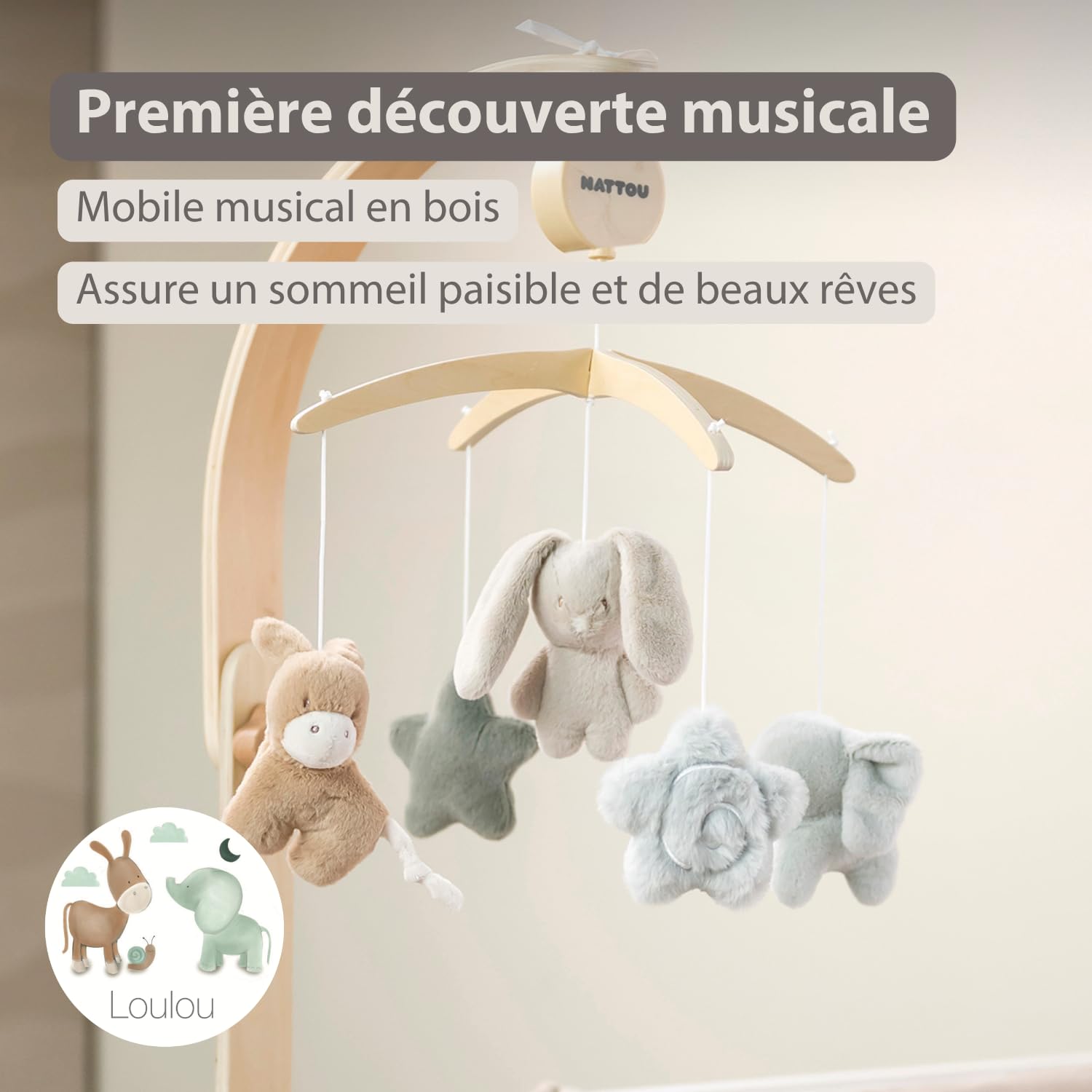 Nattou Loulou Mobile Musical en Bois, Cadeau pour Bébé, Cadeau de Naissance, Mobile Musical Lit Bébé, 50 x 40 x 74 cm, Couleurs Douces