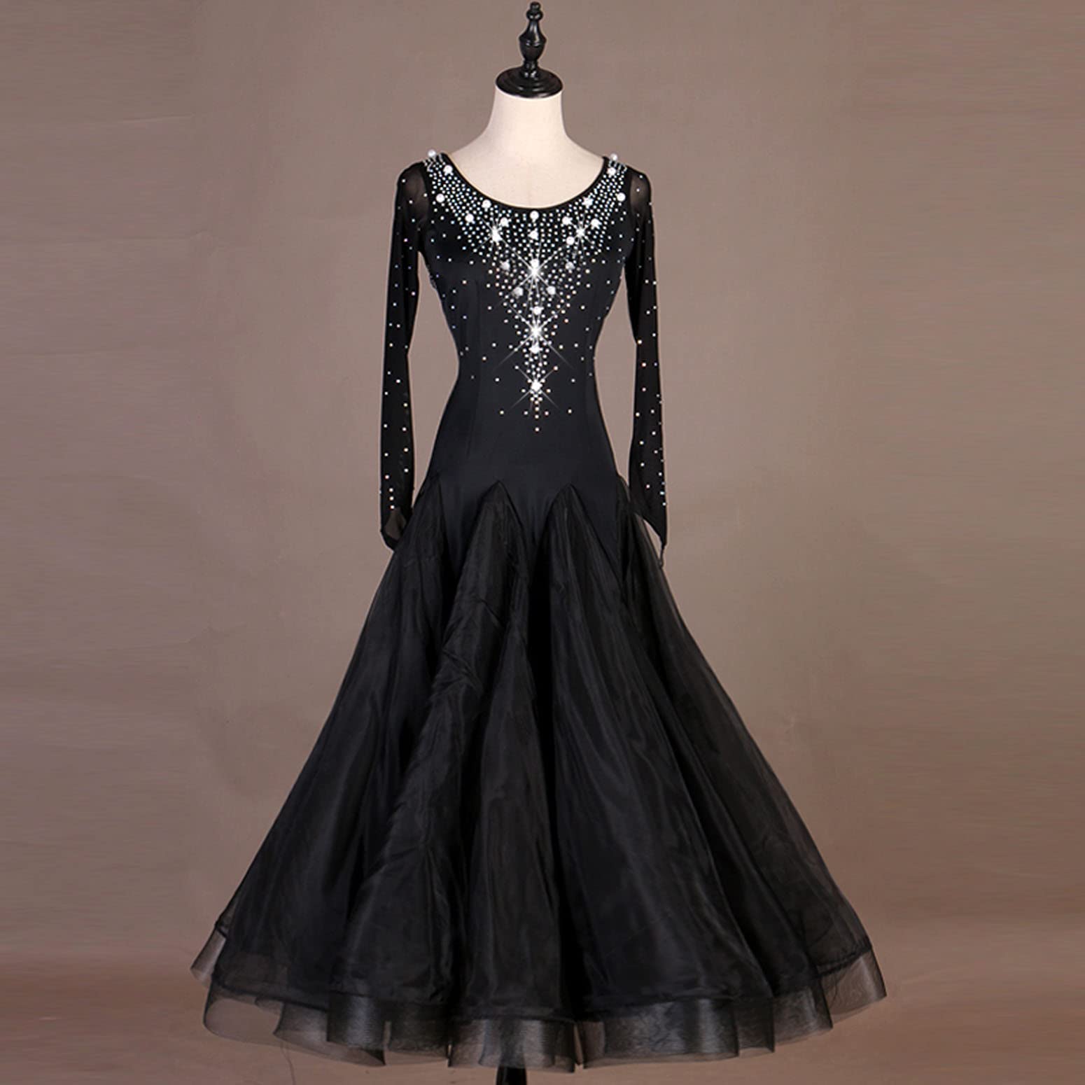 JRUIA Abiti da Ballo Professionali per Le Donne Costume da Prestazione Gara di Valzer A Maniche Lunghe in Rete Vestito da Ballo Standard Nazionale con Strass